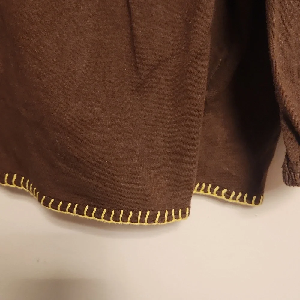Roaman's Brown Jersey Cotton Smocked Bodice & Embroidered Long Sleeve Top  2X